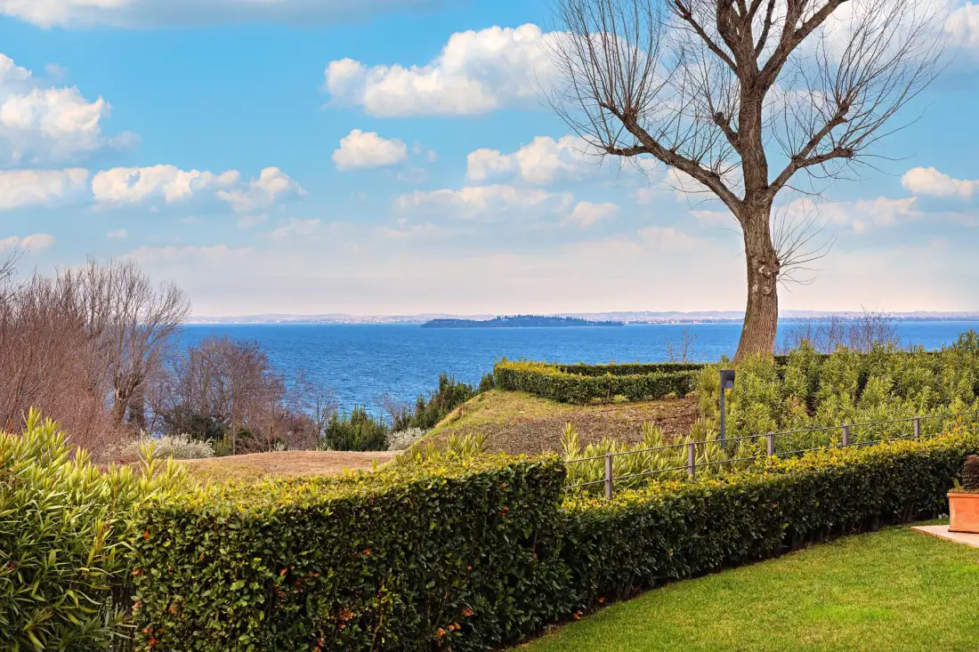 A landscaped garden with trimmed hedges overlooks a blue body of water.