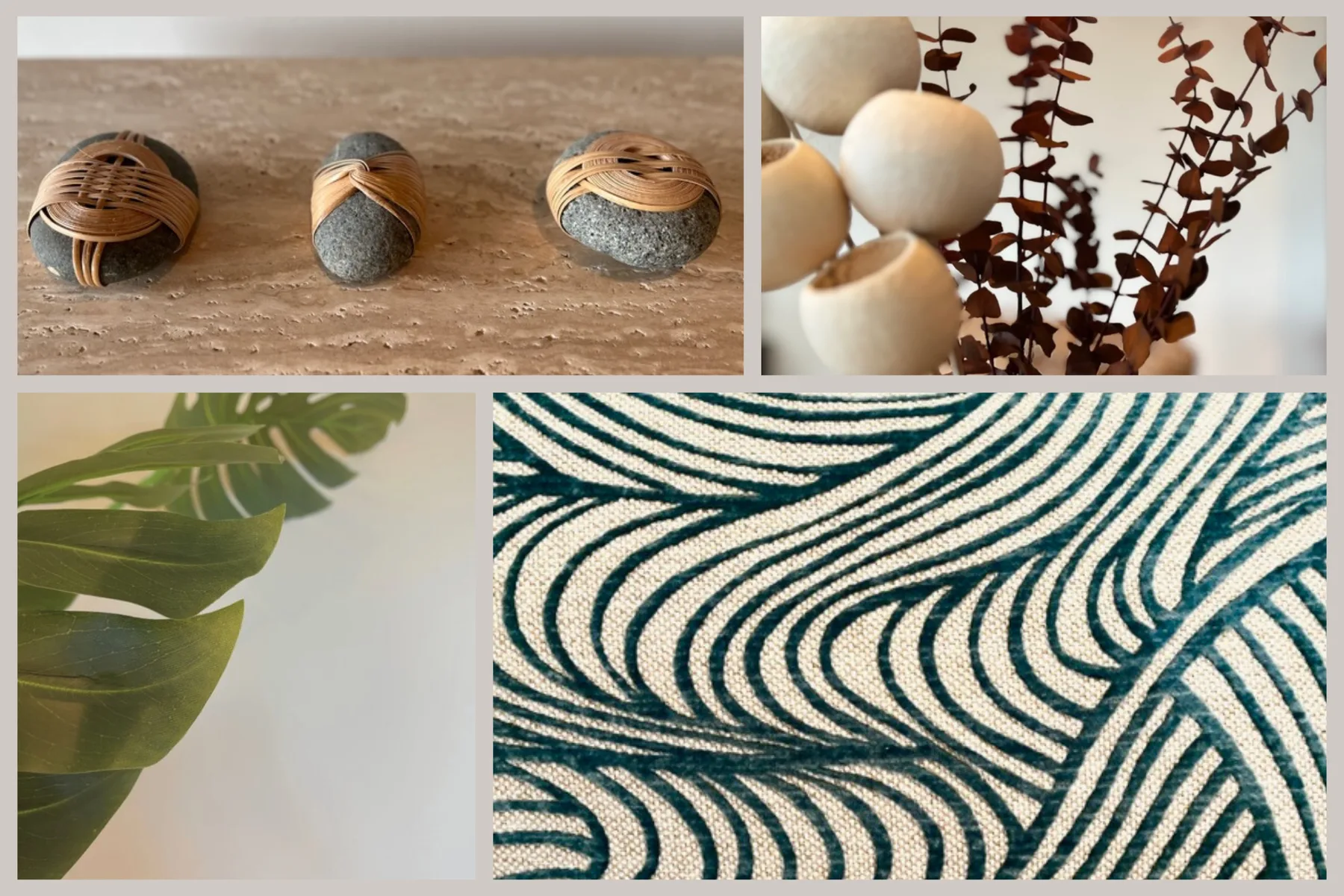 A collage of woven decorative objects, dried stems, a leafy plant, and patterned fabric.