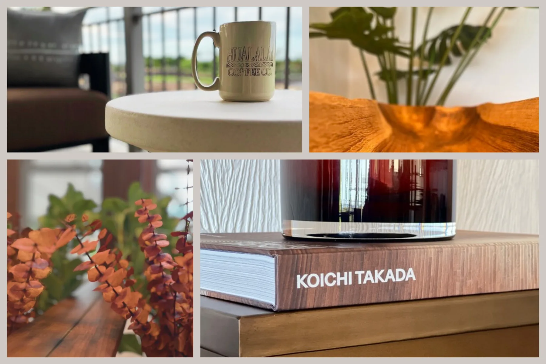 A collage of home decor details, including a mug, a plant, and a design book.