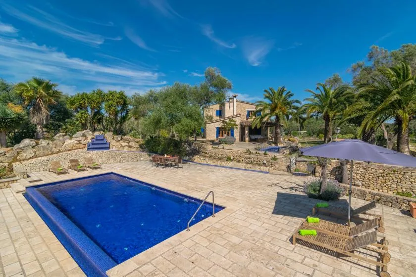 A stone villa and outdoor swimming pool are set among palm trees.