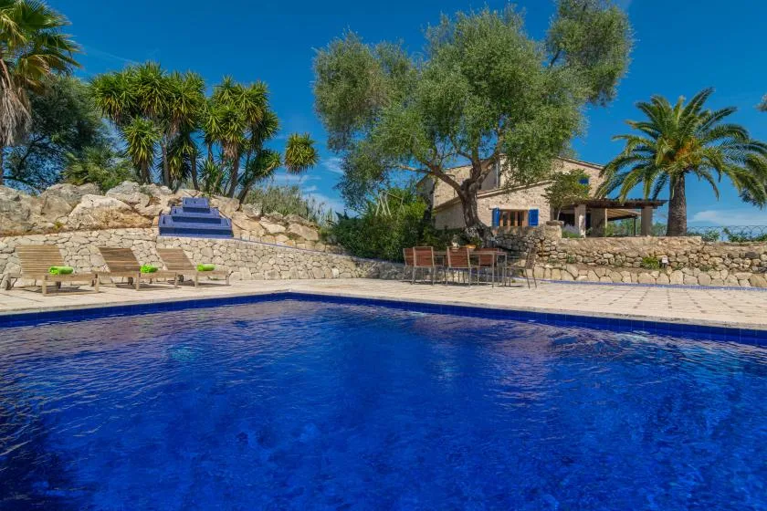 A blue swimming pool sits beside a stone terrace with outdoor seating and trees.
