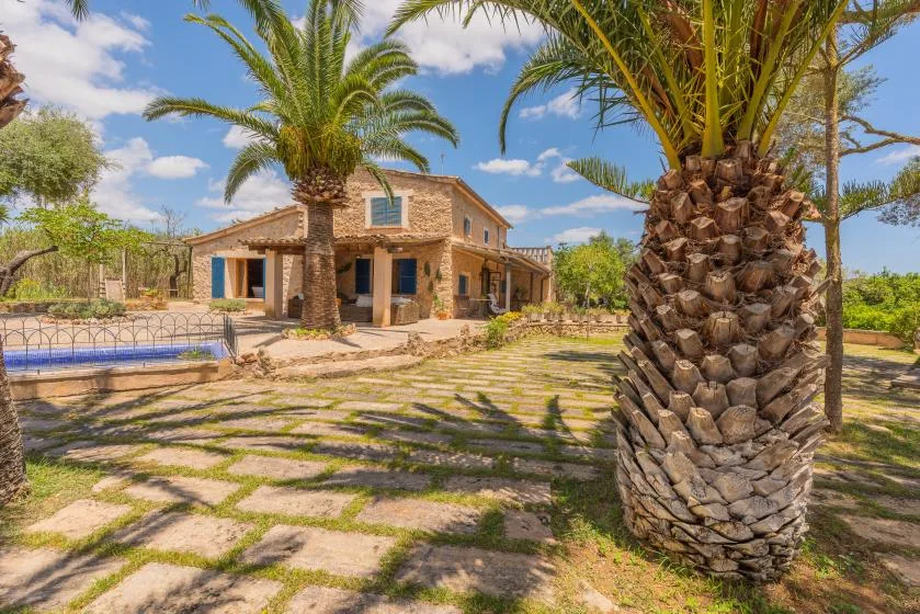 A stone house and swimming pool sit among palm trees in a sunny garden.