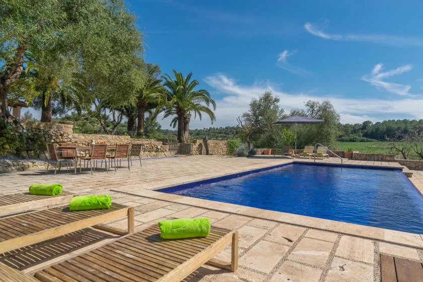 An outdoor pool and surrounding patio with loungers and a dining table.