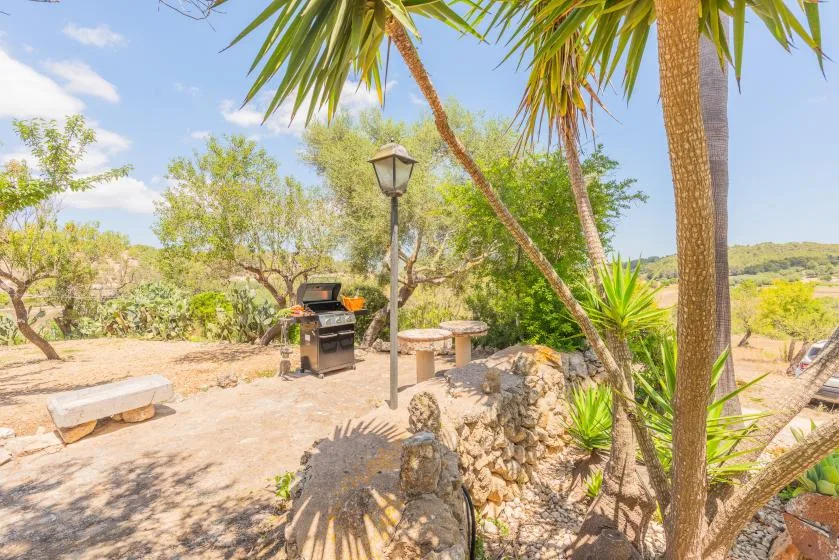 An outdoor patio with a barbecue grill, stone seating, and surrounding greenery.
