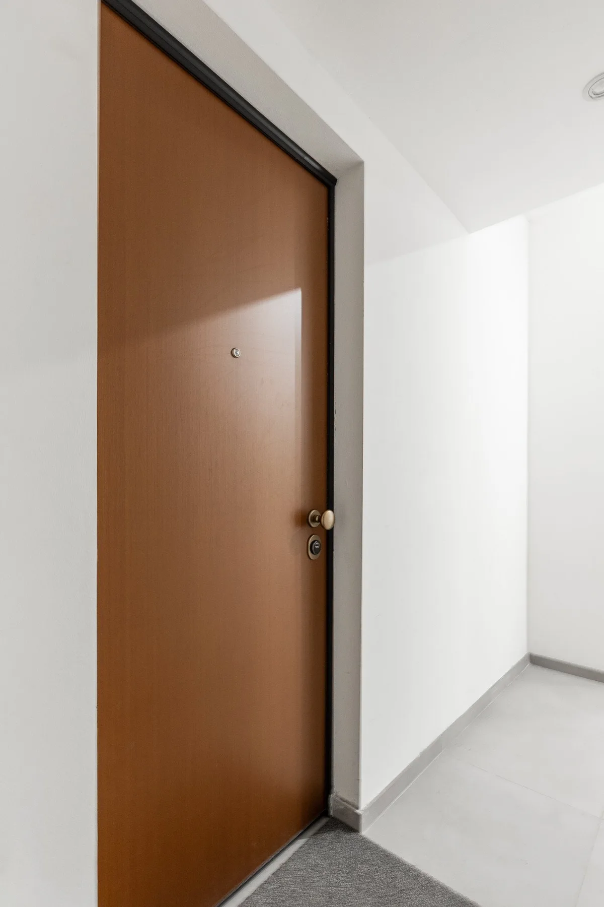 Una puerta de entrada marrón da a un pasillo luminoso con paredes claras.