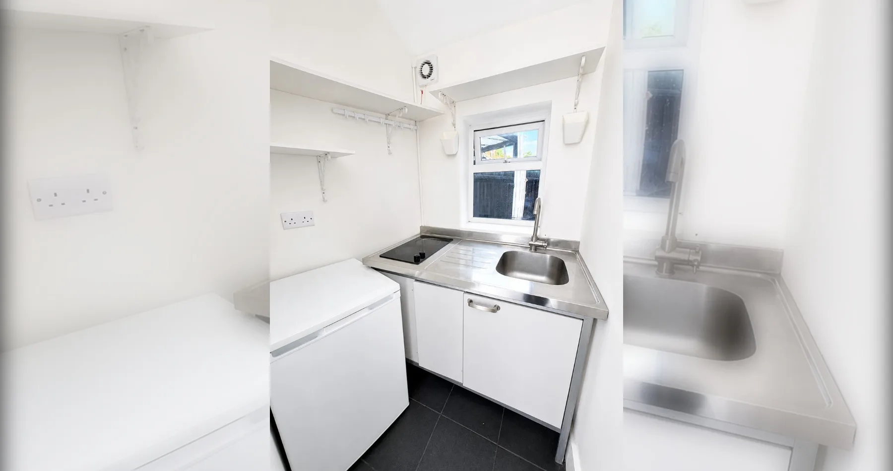 A compact kitchen with a countertop, sink, and cooking hob.