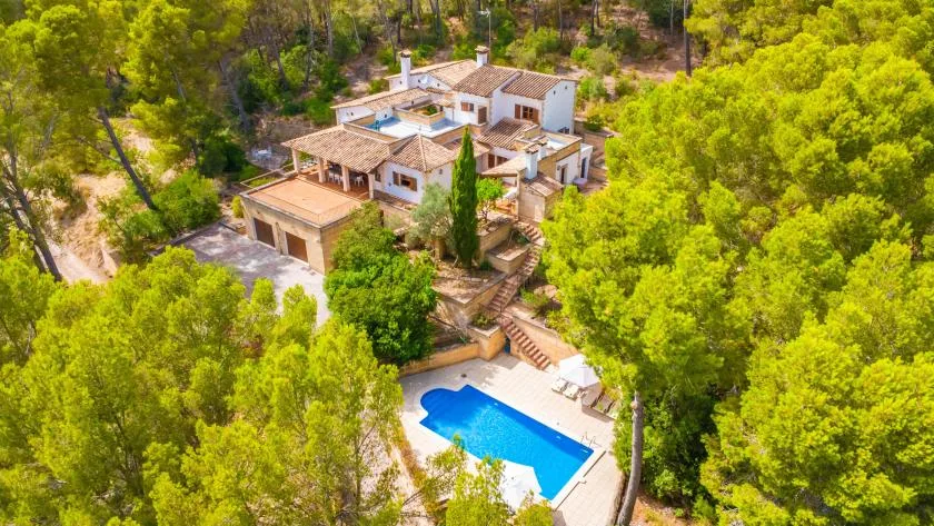 An aerial view shows a white villa with a blue swimming pool among green trees.