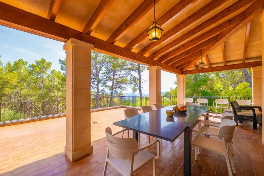 A covered outdoor dining area with a long table and leafy trees beyond the railing.