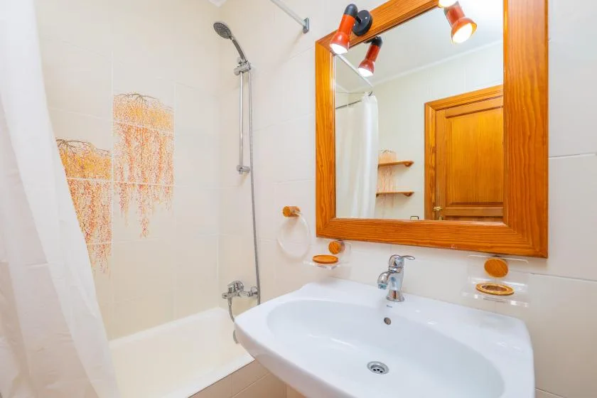 A bathroom with a shower, a sink, and a wood-framed mirror.