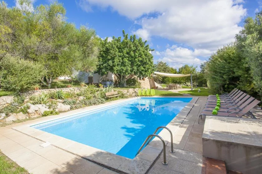 An outdoor swimming pool is surrounded by trees, lounge seating, and landscaped gardens.