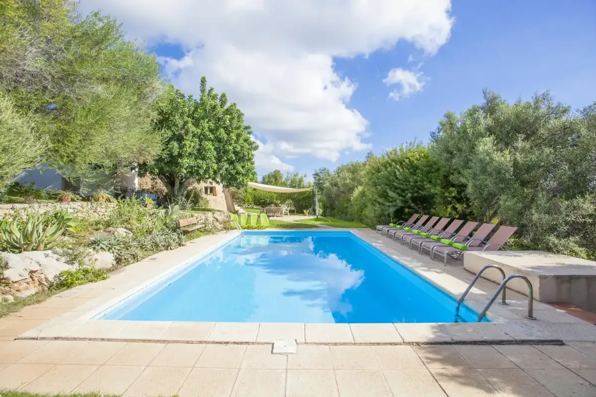 An outdoor swimming pool is surrounded by trees and reclining seating.
