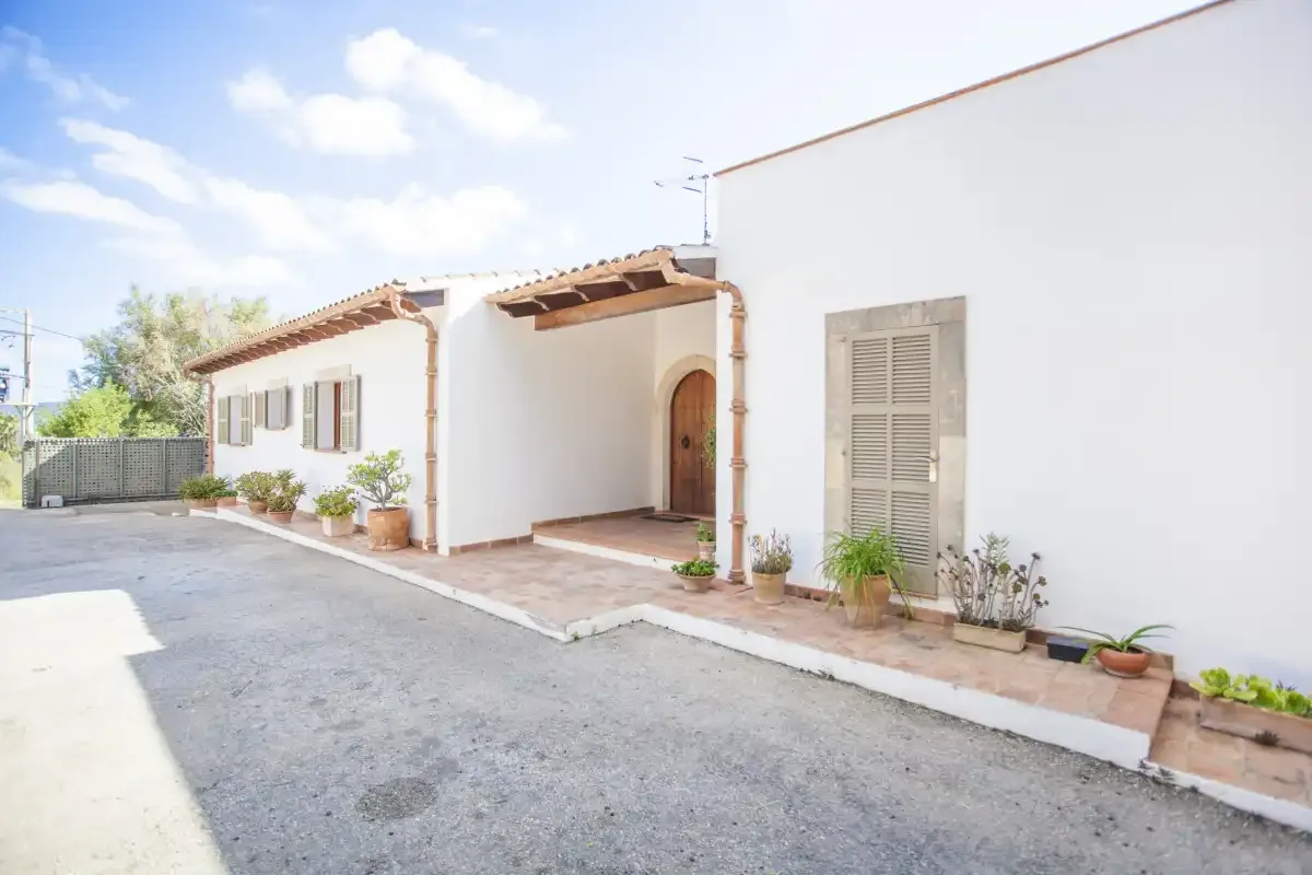 A white building faces a paved courtyard with potted plants along the wall.