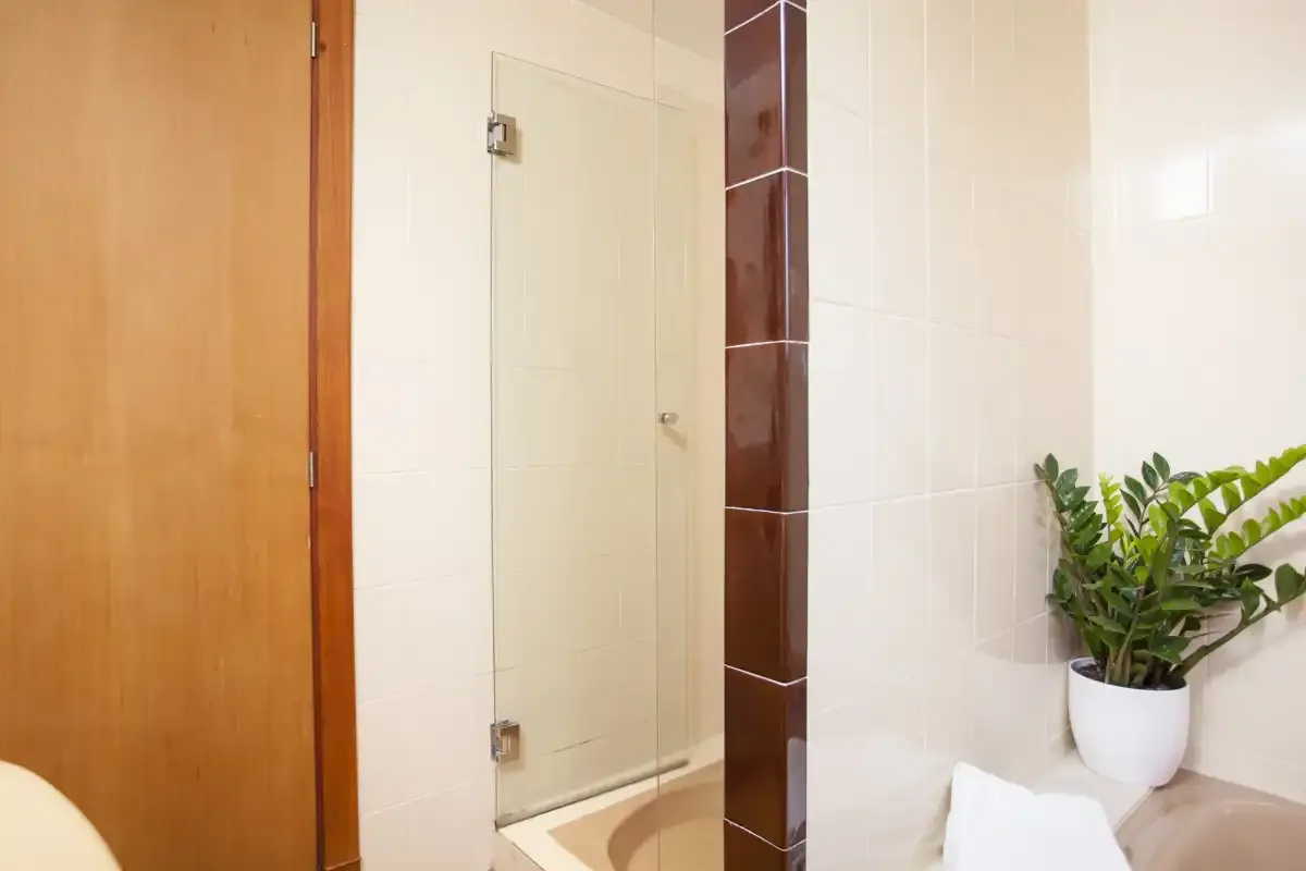 A tiled bathroom with a glass shower and a potted plant.