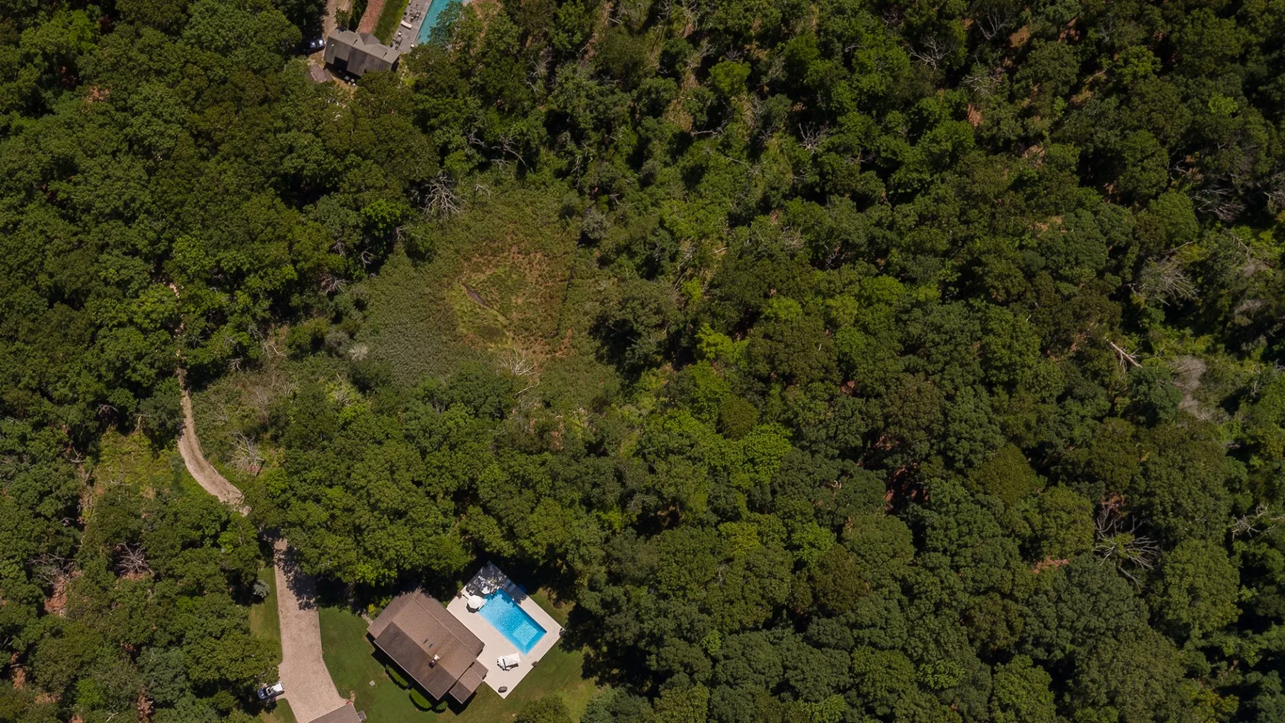Una vista aérea muestra un edificio pequeño y una piscina rodeados de árboles densos.