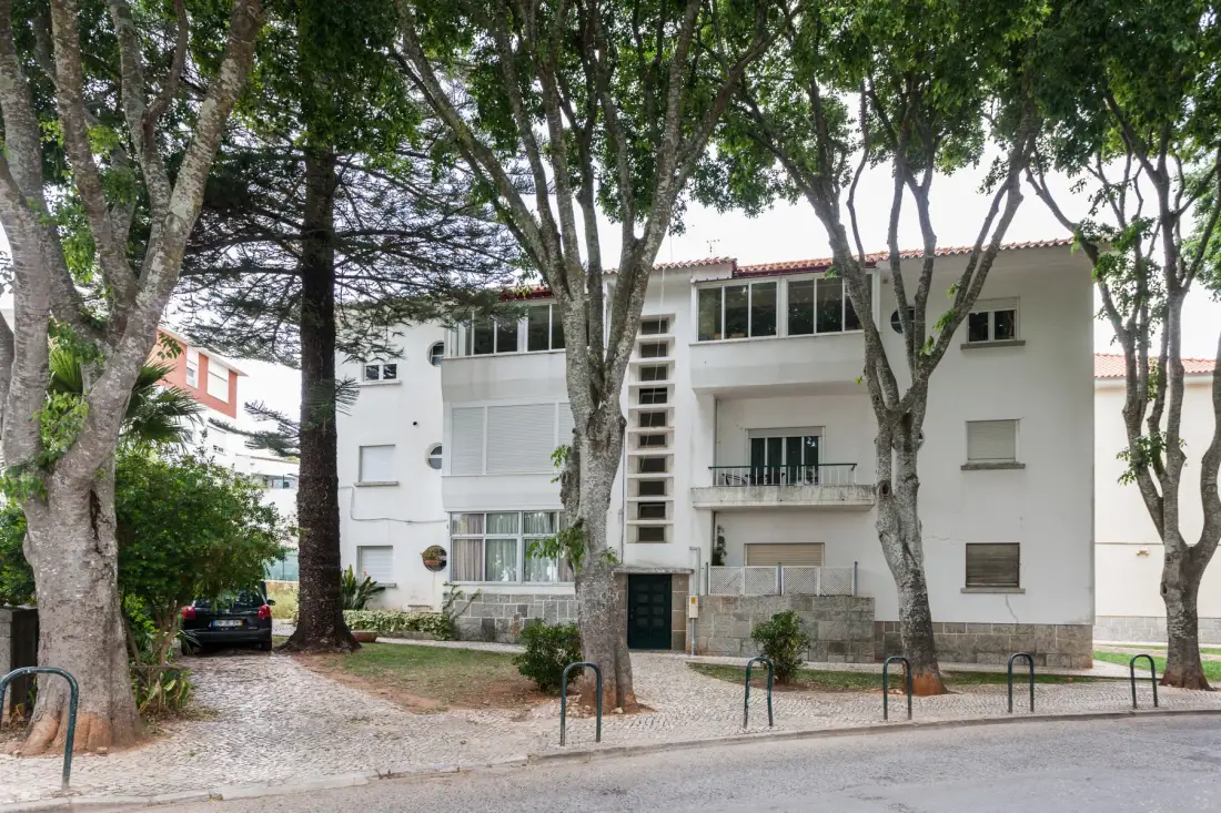 Un edificio de apartamentos blanco se alza detrás de varios árboles junto a la calle.