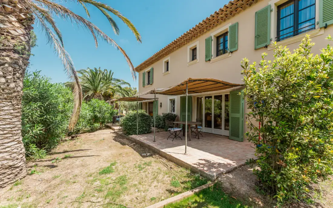Vista de la terraza trasera desde el jardín con una gran palmera