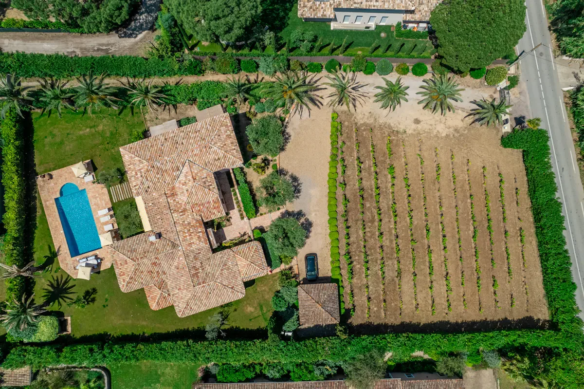 Una vista aérea muestra una casa de techo de tejas junto a una piscina rectangular y hileras cultivadas.