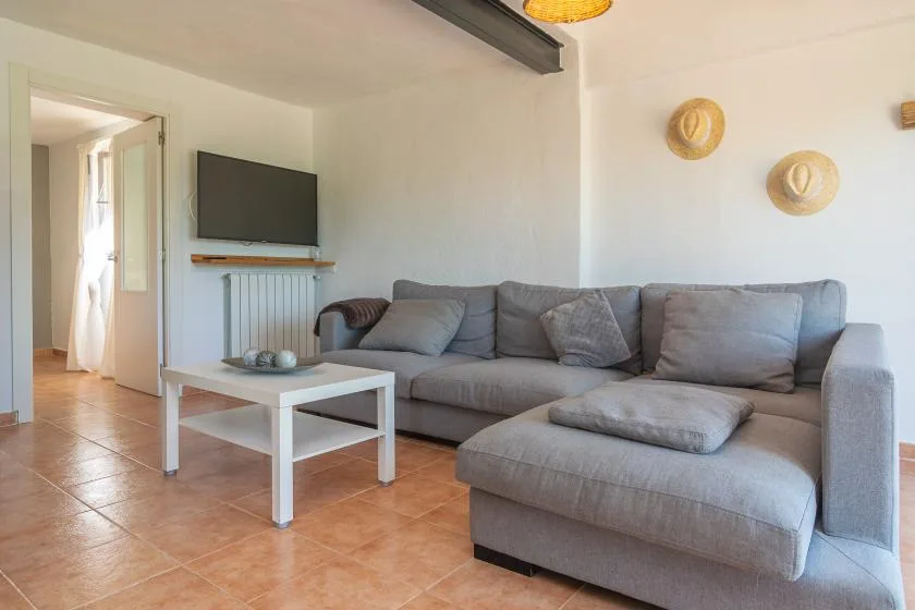 A living room with gray seating, a coffee table, and a television.