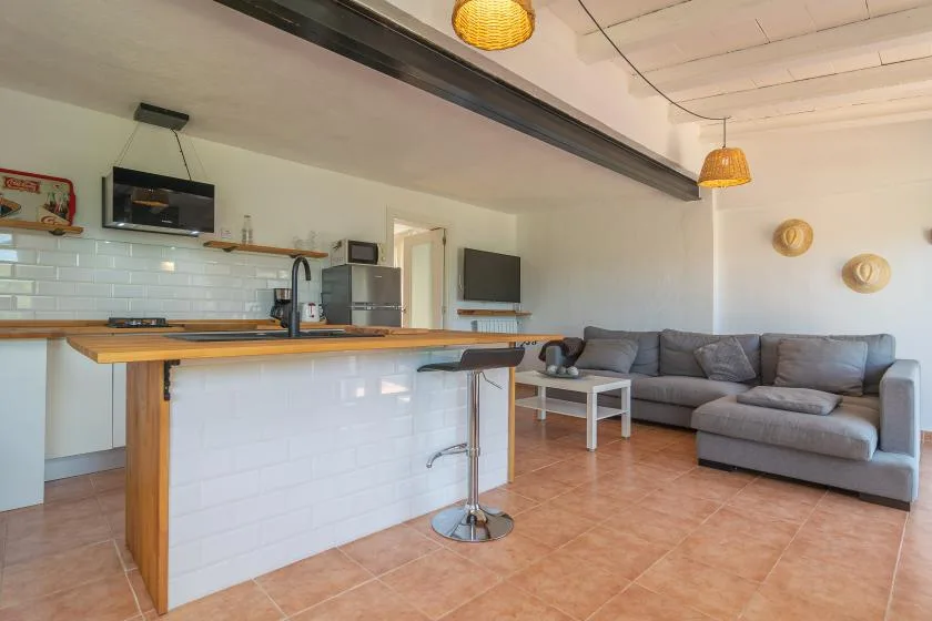An open-plan kitchen and living area with a counter and gray seating.