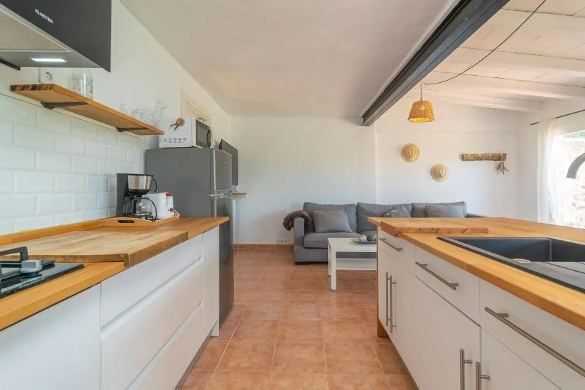 A bright open-plan kitchen and living area with a gray sofa and wooden counters.