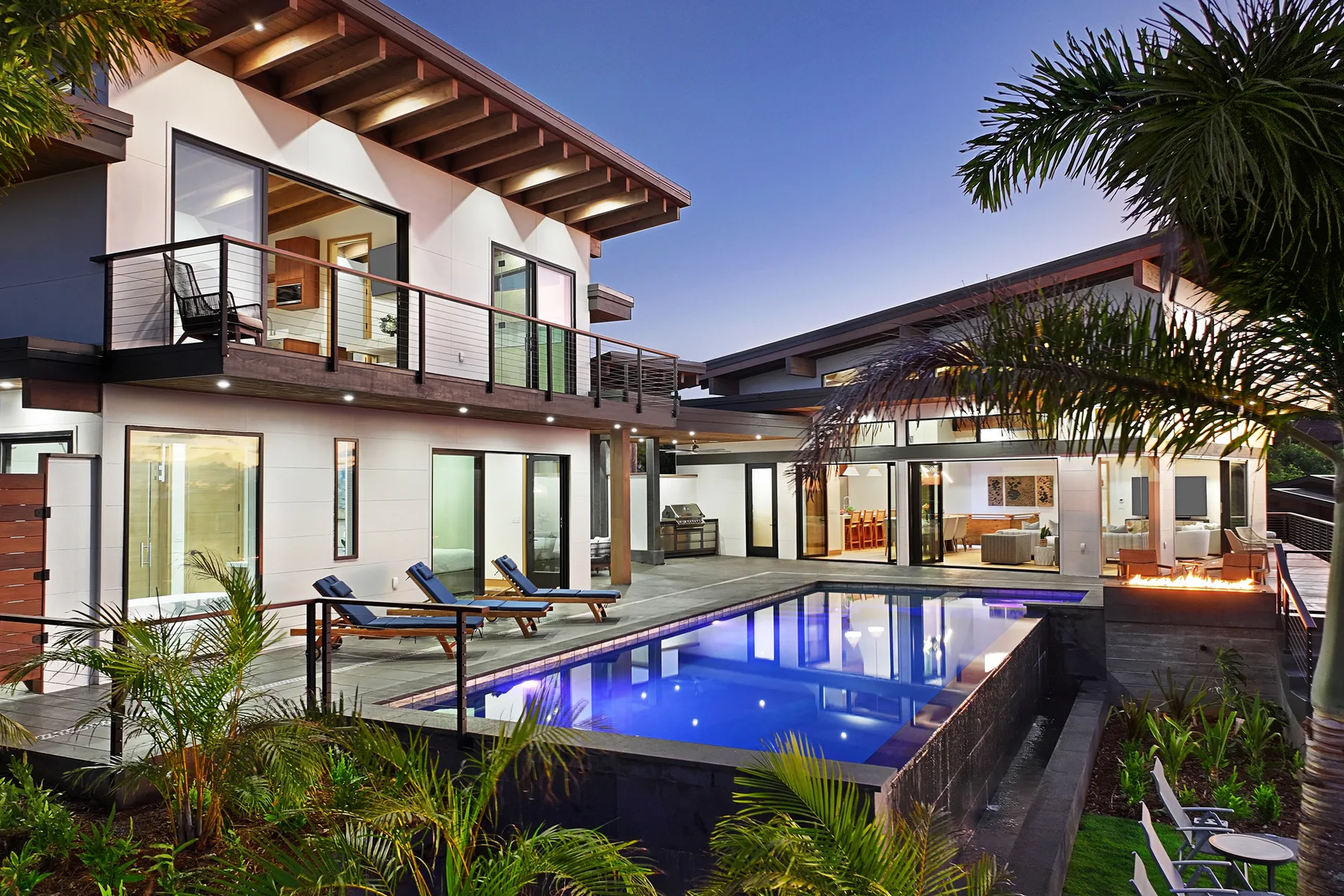 Modern house with a swimming pool and surrounding palm trees.