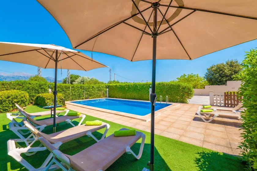 An outdoor pool area with lounge seating and large umbrellas.