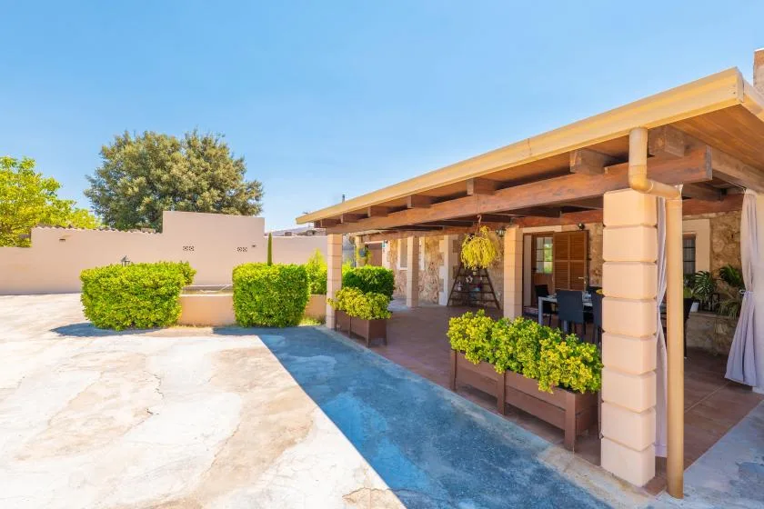 A covered patio borders a narrow swimming pool, with planters along the edge.