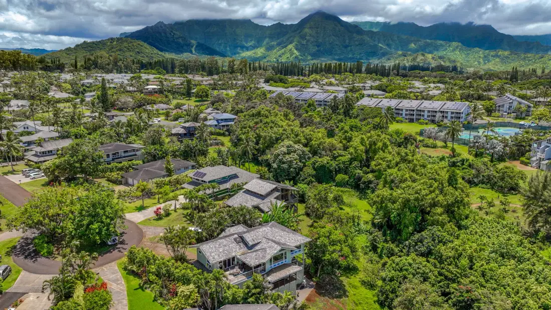 Vista aérea de una zona residencial verde con montañas al fondo.