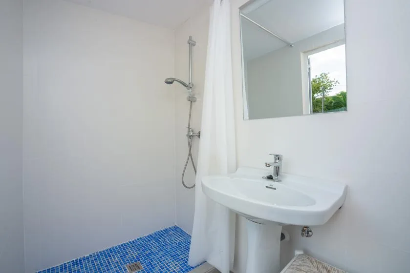 A bright bathroom with a wall-mounted shower, sink, and mirror.