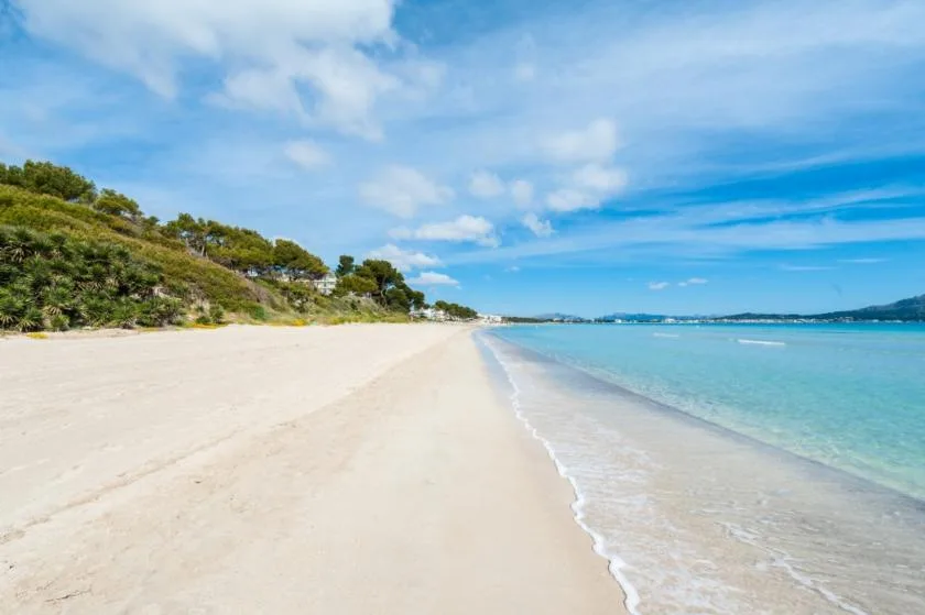 A sandy beach stretches beside clear blue water and a green shoreline.