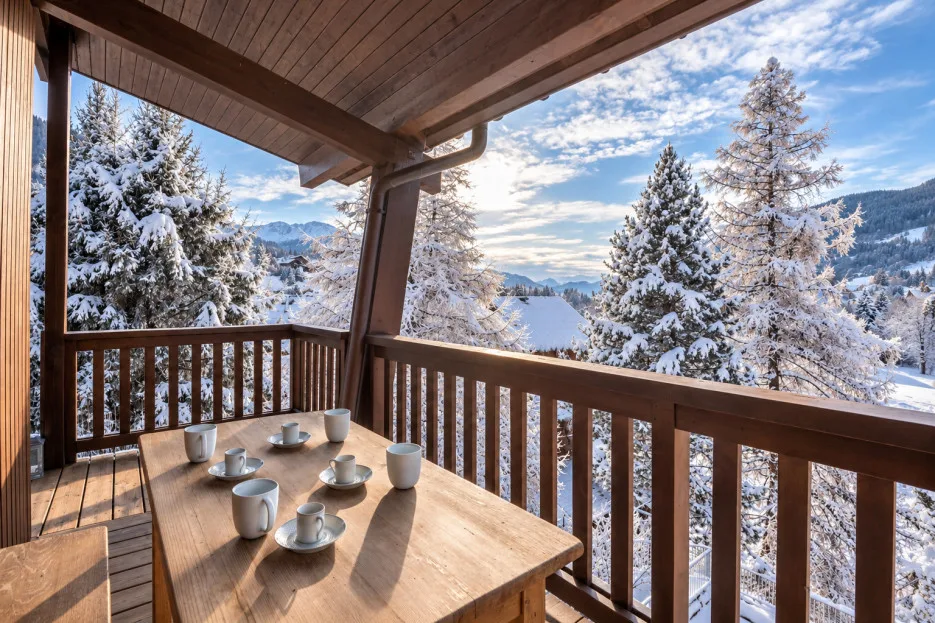 A covered wooden balcony with a table overlooks snow-covered trees and mountain scenery.