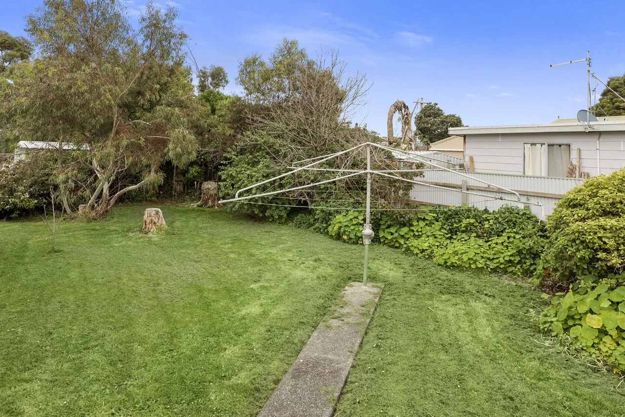 A grassy garden with a clothesline and trees beside a house.