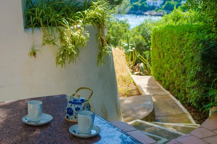 Una mesa de patio con tazas da a un camino de piedra bordeado de vegetación.