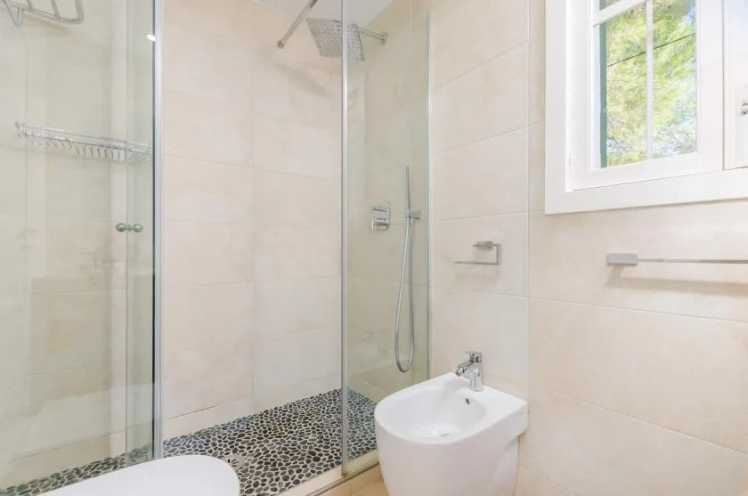 Un baño alicatado con ducha de cristal, bidé y ventana.