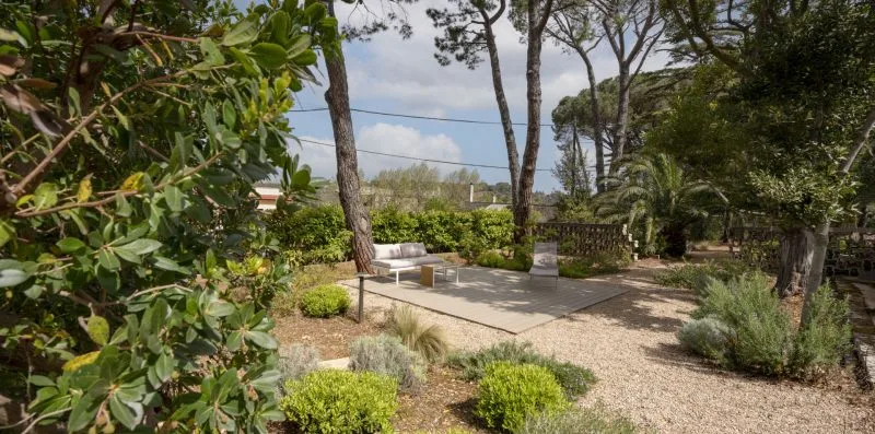 A landscaped garden with a paved seating area, gravel paths, shrubs, and mature trees.