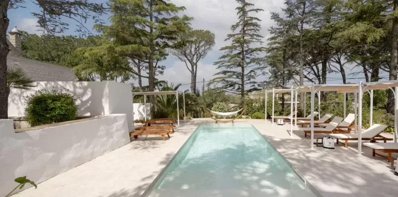 An outdoor swimming pool sits among trees, loungers, and shaded seating.