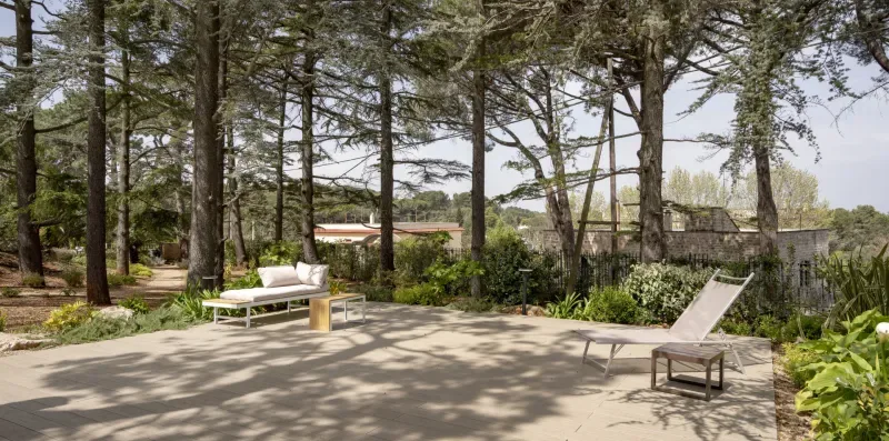 An outdoor patio with seating beneath tall trees and views of greenery.