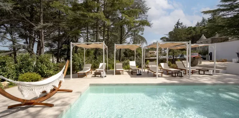 An outdoor swimming pool sits beside shaded lounge seating and trees.