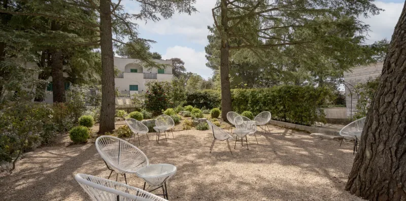 An outdoor seating area with chairs and trees.