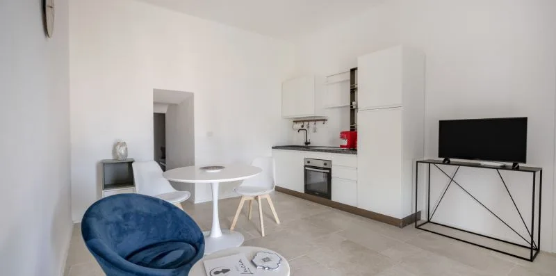 A bright living area with seating, a dining table, and a television beside the kitchen.