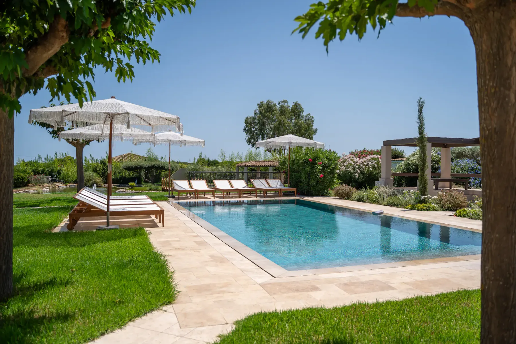 Una tranquila piscina al aire libre rodeada de tumbonas y sombrillas, entre una vegetación exuberante y bajo un cielo azul despejado.
