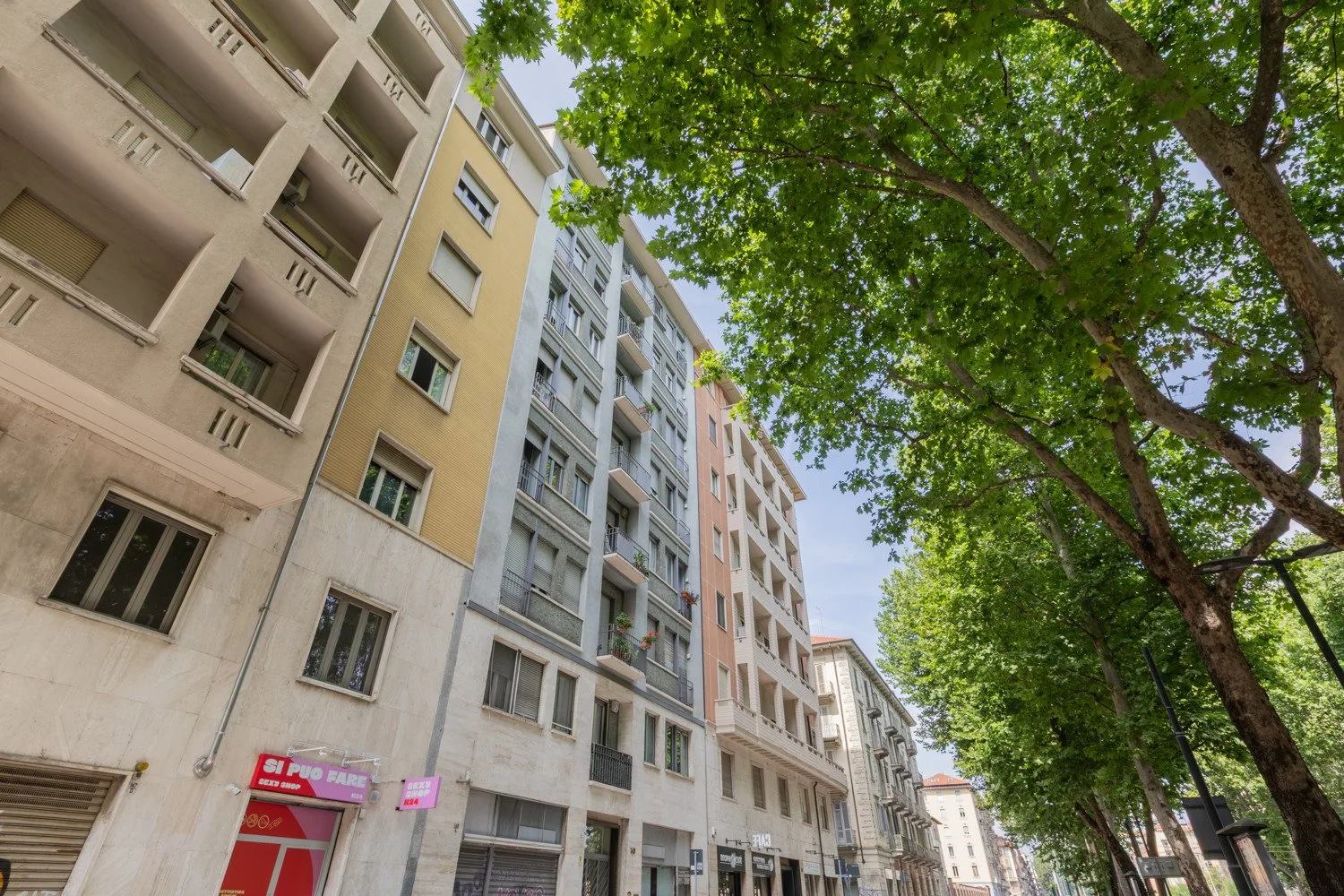 Escena de una calle urbana con edificios de apartamentos y árboles frondosos junto a la acera.