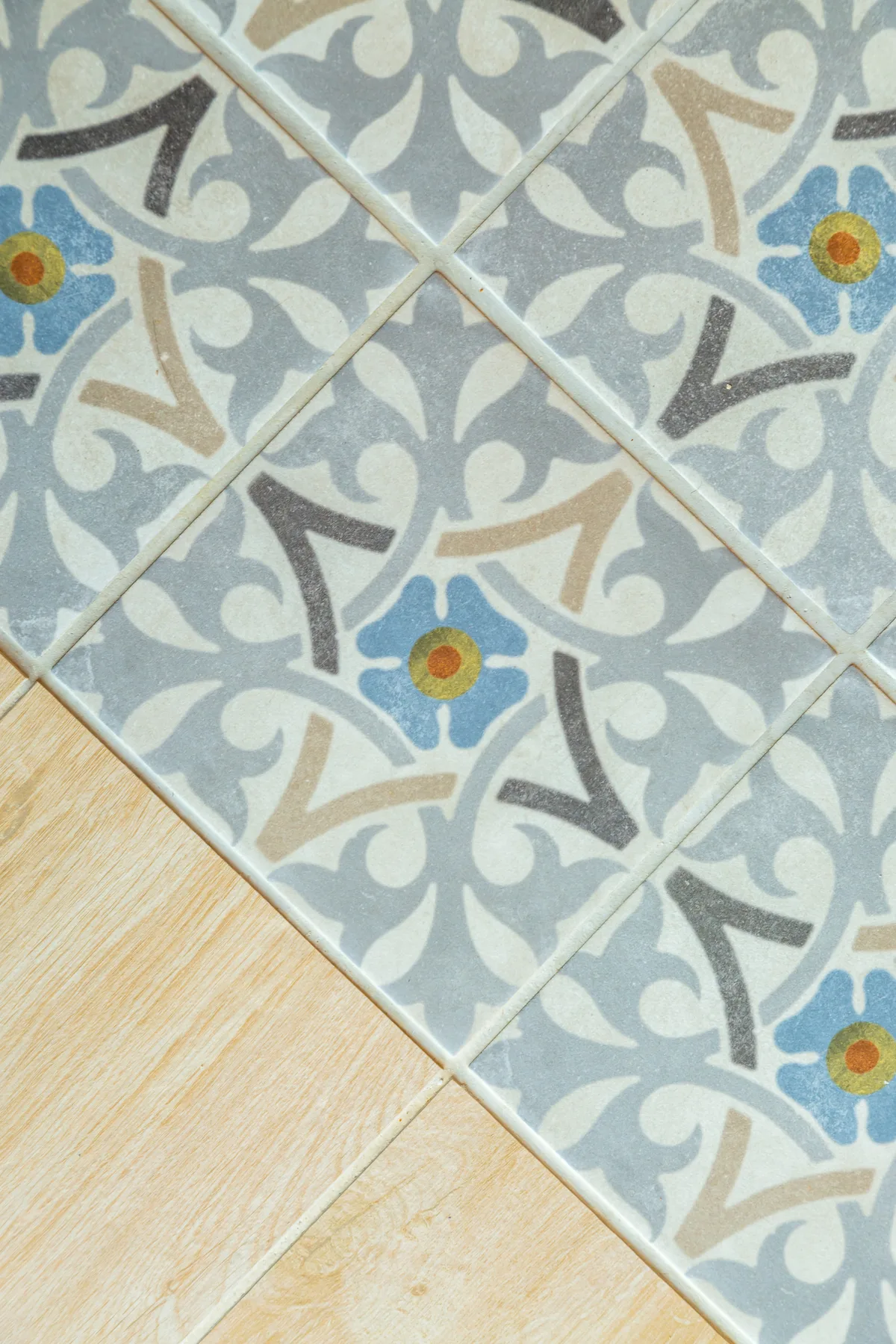 Patterned floor tiles meet plain wood-look flooring.