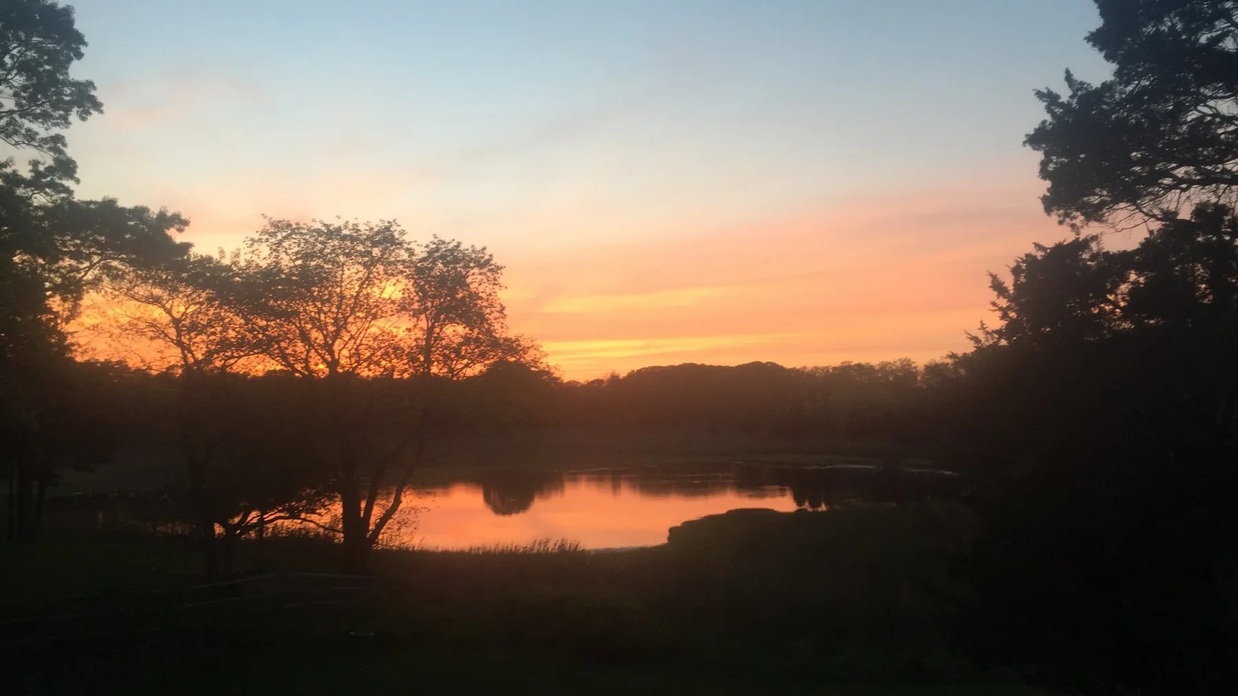 El atardecer se refleja en un lago tranquilo enmarcado por siluetas de árboles.