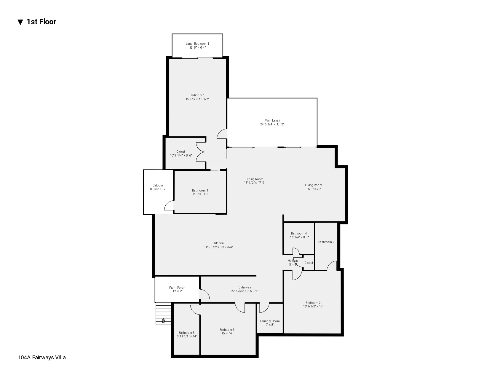Un plano de la primera planta muestra la distribución y las habitaciones etiquetadas de una villa.