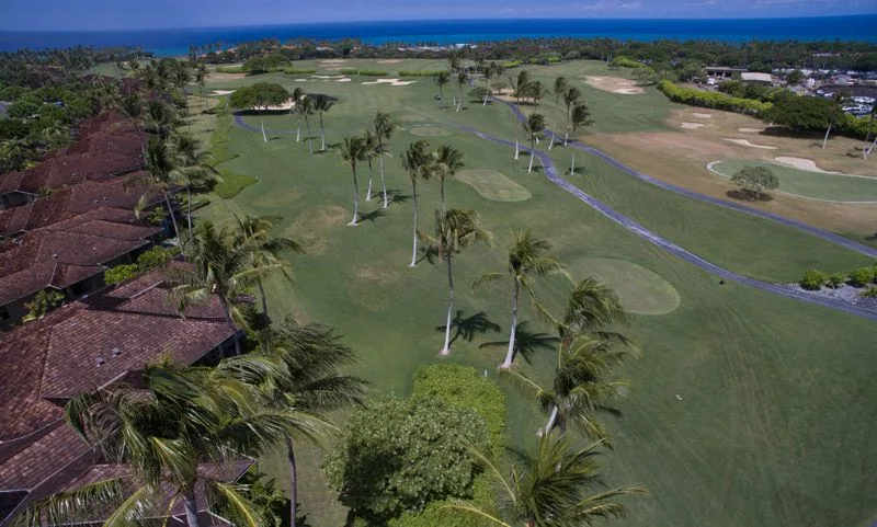 Vista aérea de un campo de golf con palmeras y el océano a lo lejos.