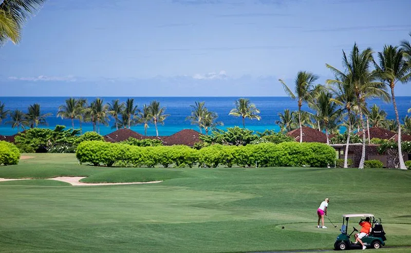 Un campo de golf tiene vistas al mar, con palmeras junto al césped.