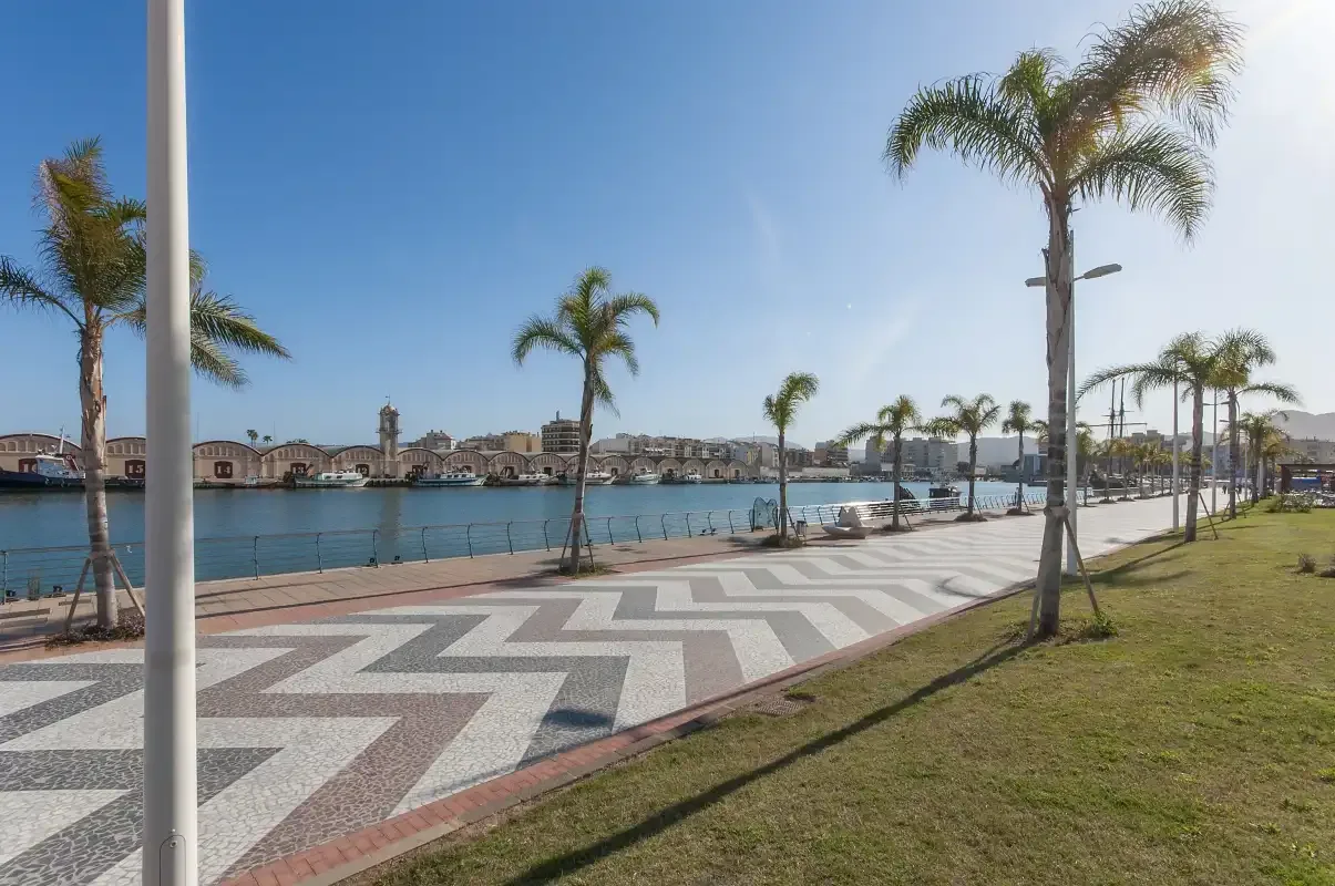 Un paseo junto al agua con un camino estampado, palmeras y embarcaciones.