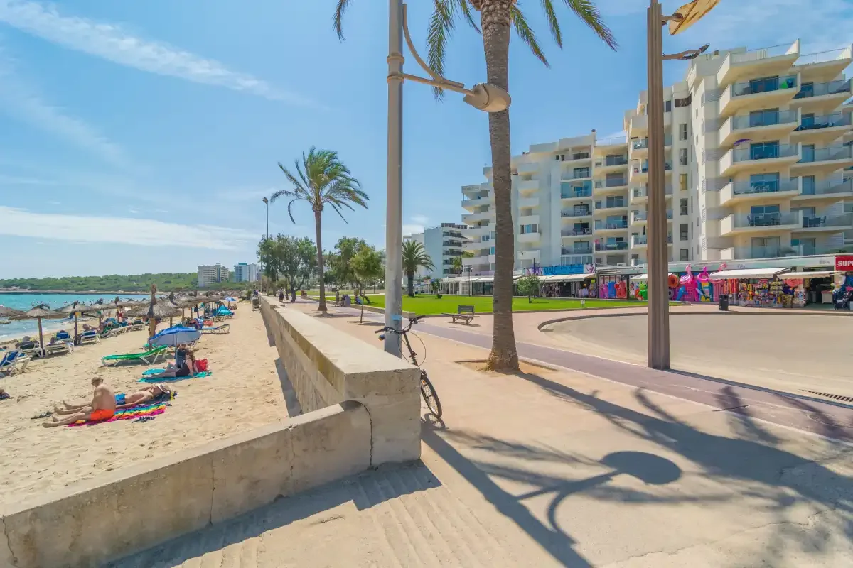 A sunny beachfront promenade runs beside a sandy beach and palm trees.