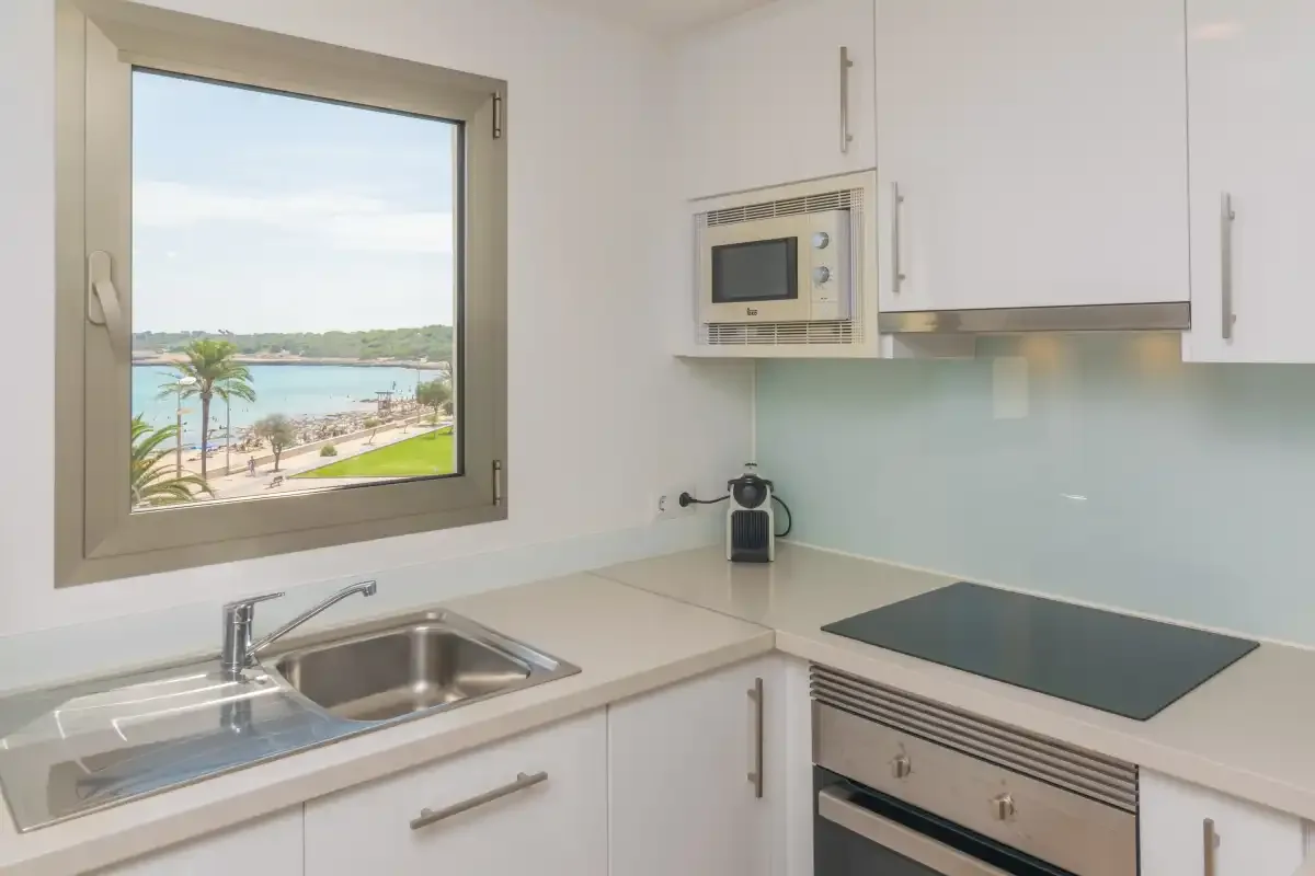 A bright kitchen with a sink, cooktop, and a window overlooking the coast.